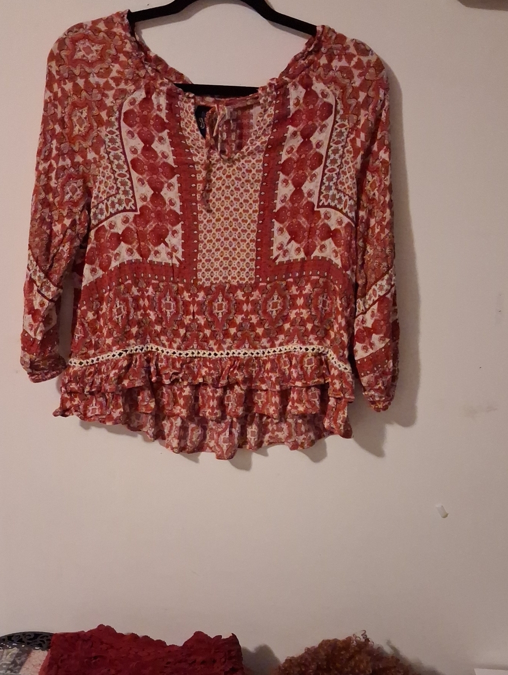 Blue Rain Rust & Cream Boho Ruffle Peasant Blouse